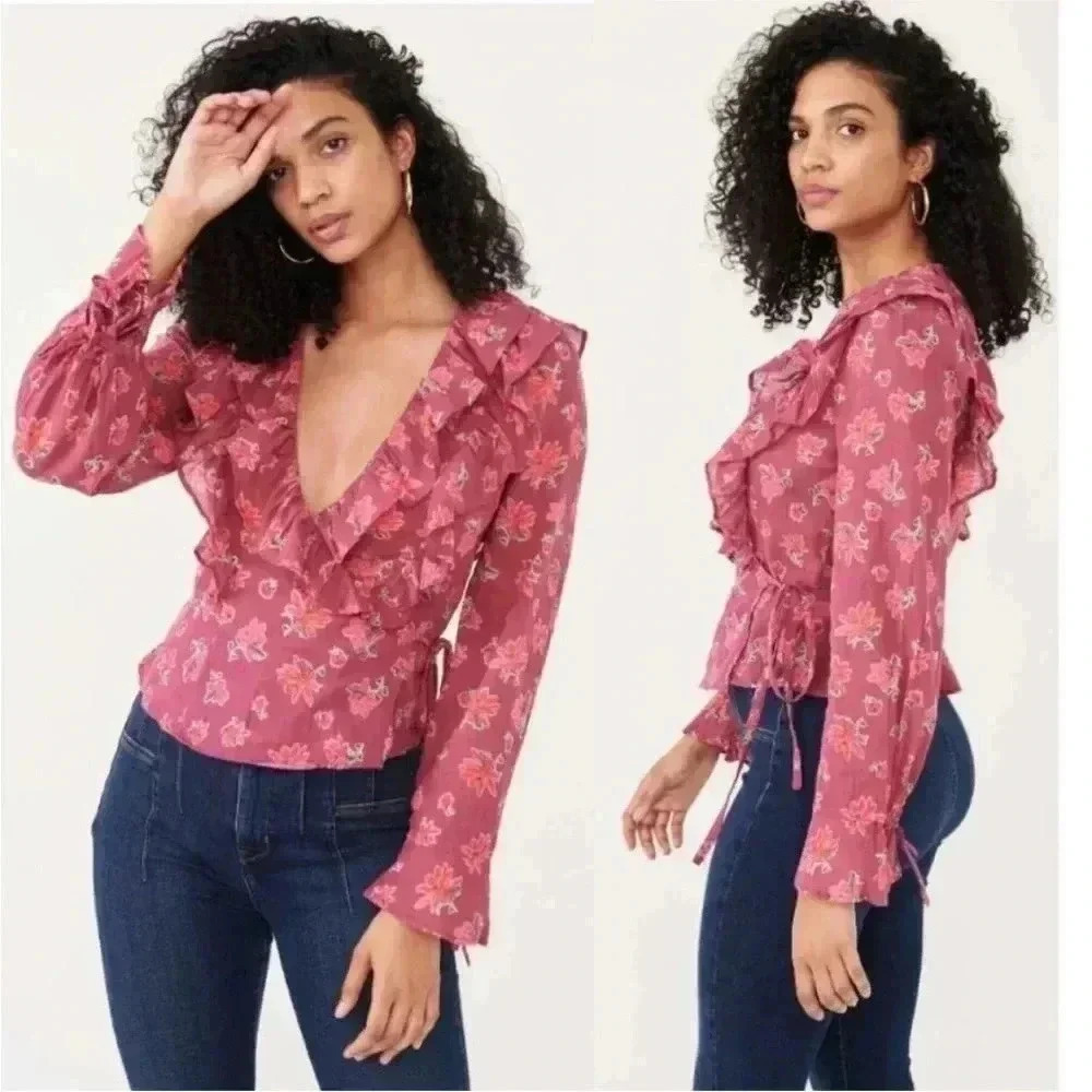Free People Amanda Ruffle Floral Wrap Top in Sultry Combo Sz XS